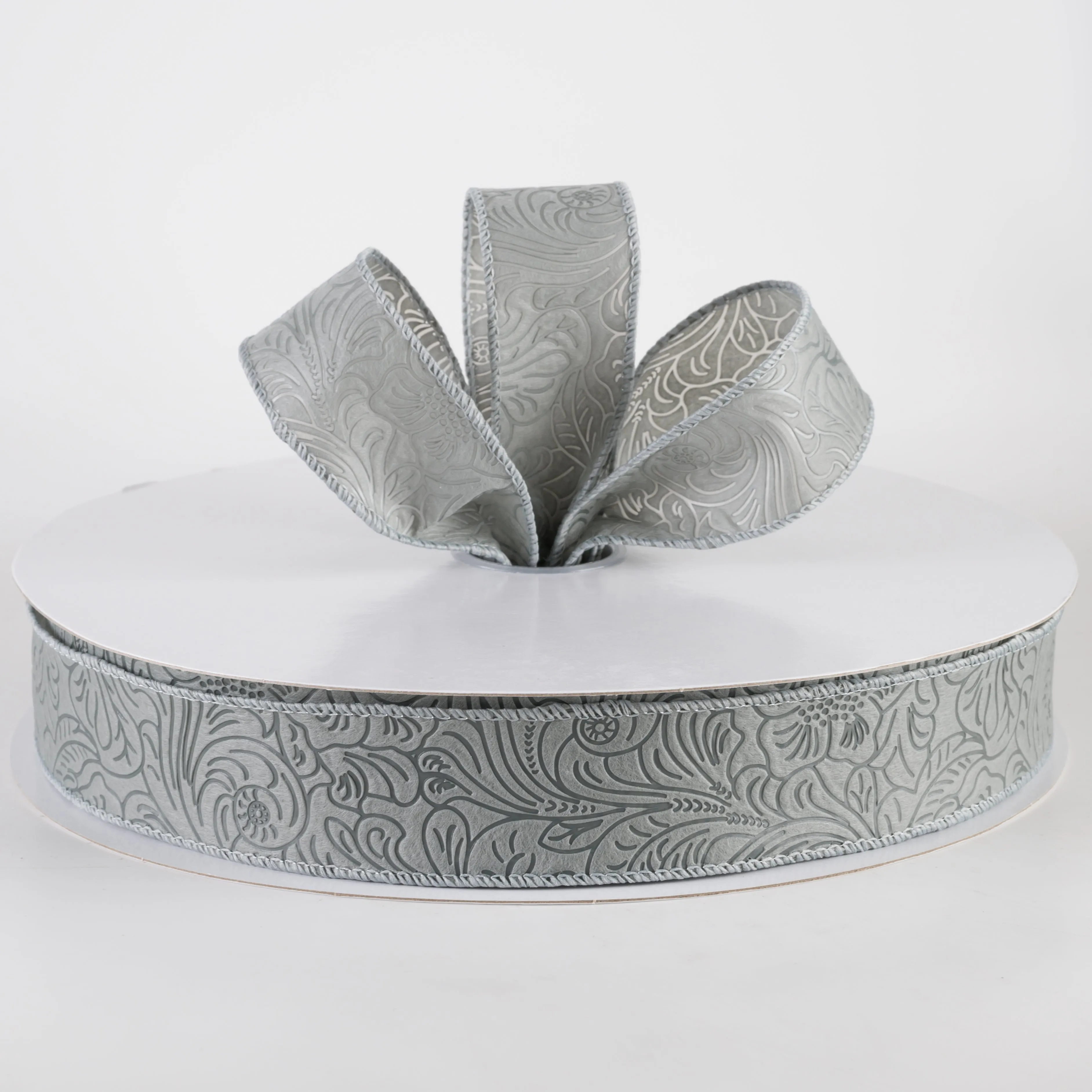 1.5" Embossed Flower Breeze Ribbon: Grey (50 Yards)