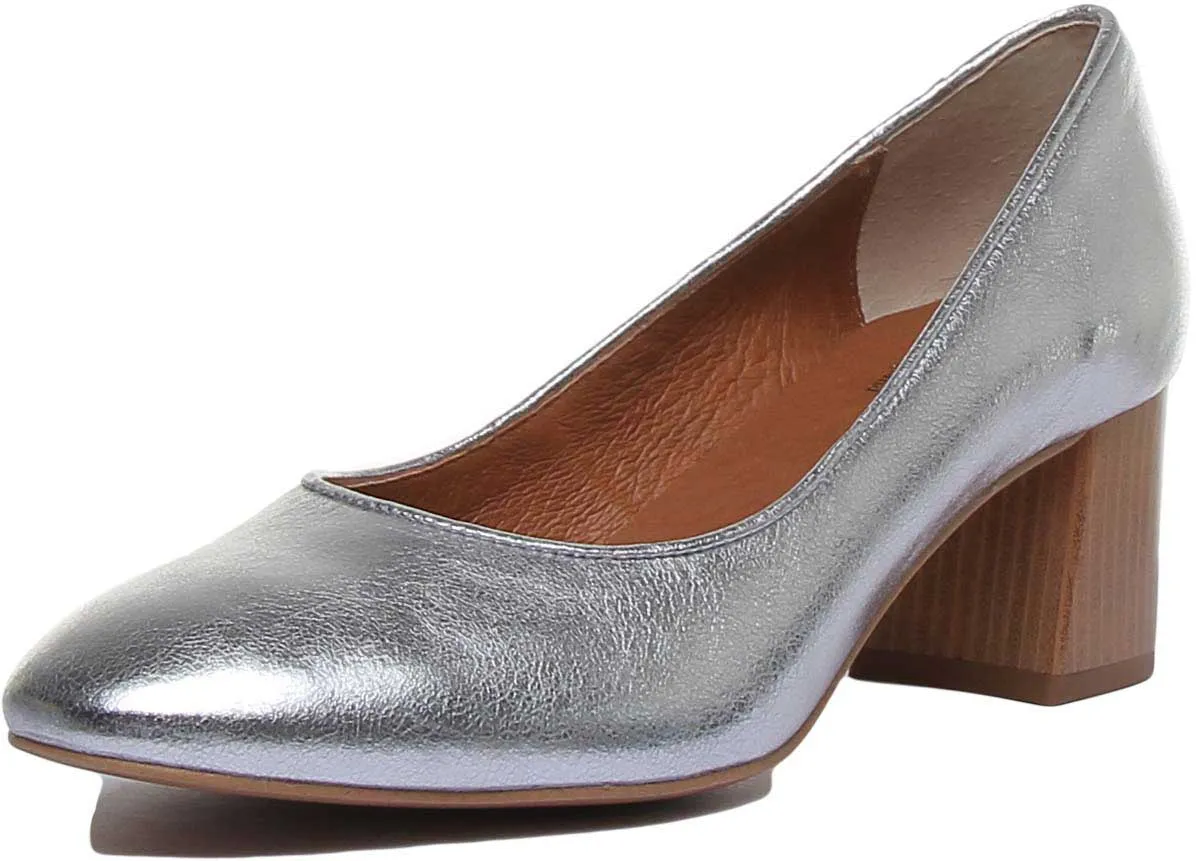 7400 Block Heel Slip On Leather Shoe In Silver