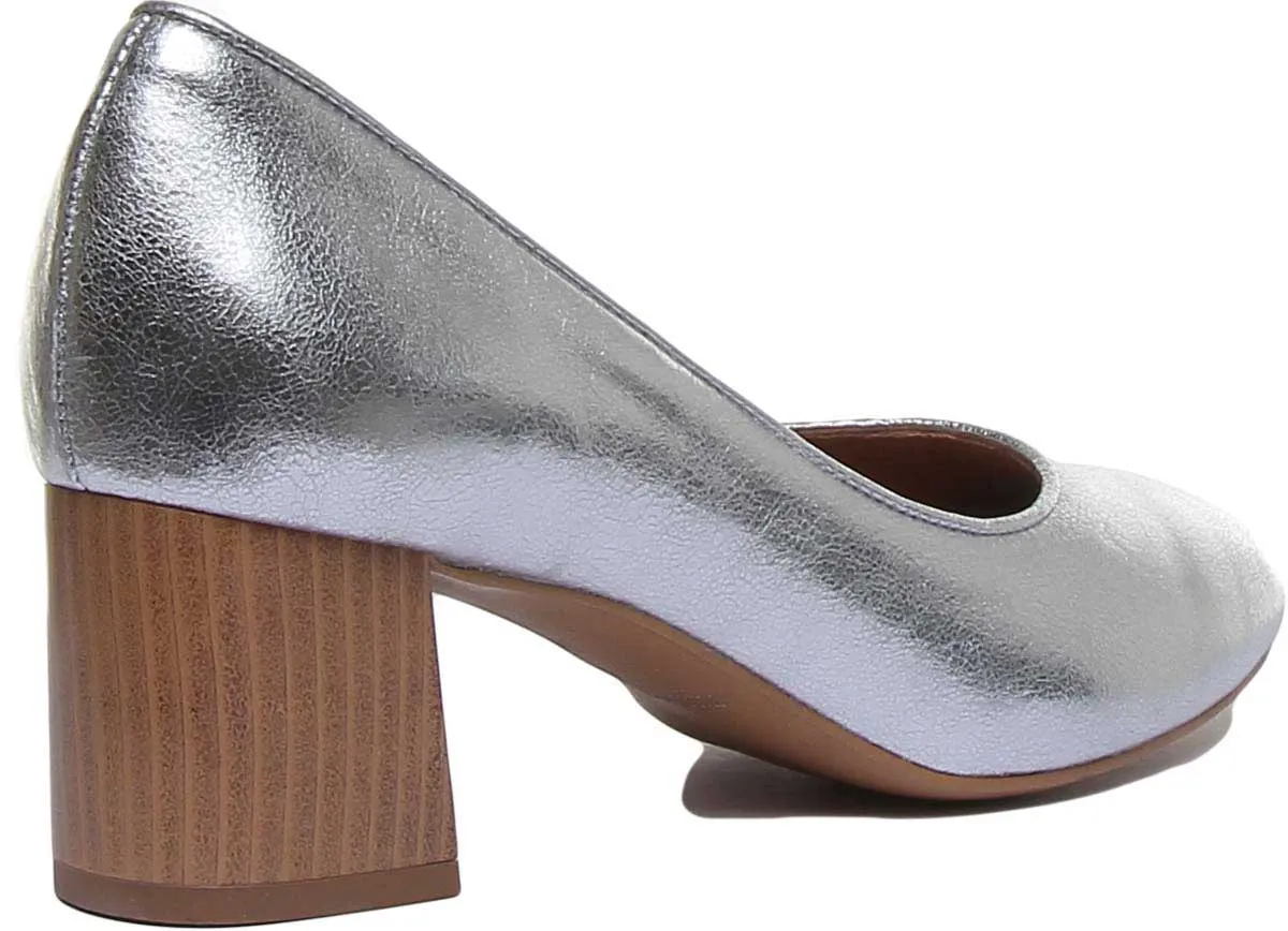 7400 Block Heel Slip On Leather Shoe In Silver