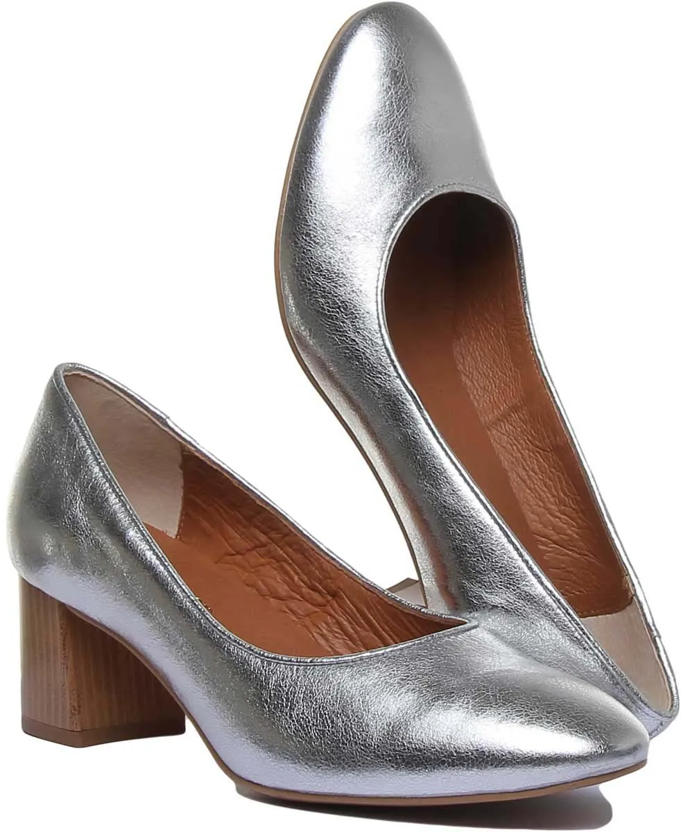 7400 Block Heel Slip On Leather Shoe In Silver