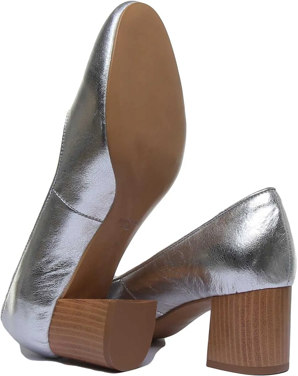 7400 Block Heel Slip On Leather Shoe In Silver