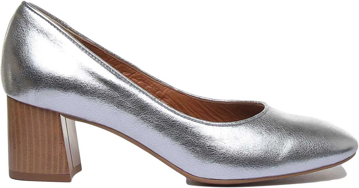 7400 Block Heel Slip On Leather Shoe In Silver