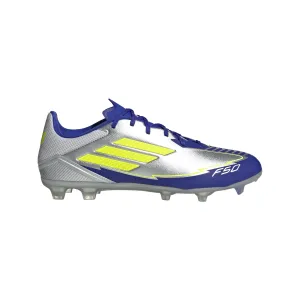adidas F50 League Messi FG Firm Ground Soccer Cleats- Silver Metallic/Solar Yellow/Lucid Blue