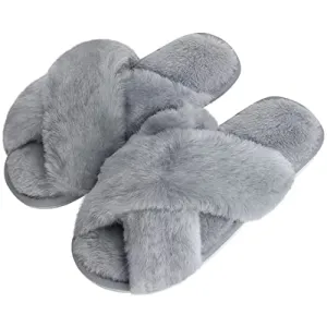 DOIOWN Women’s Fuzzy Slippers Cross Band Fluffy Slippers Faux Fur Slippers Plush House Open Toe Cozy Slippers for Women (Grey, Size 11-12)