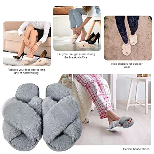 DOIOWN Women’s Fuzzy Slippers Cross Band Fluffy Slippers Faux Fur Slippers Plush House Open Toe Cozy Slippers for Women (Grey, Size 11-12)