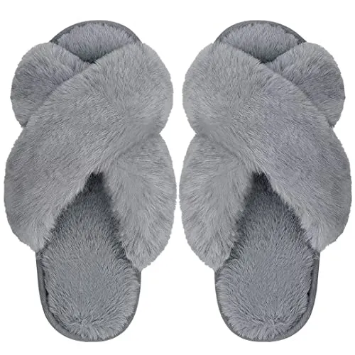 DOIOWN Women’s Fuzzy Slippers Cross Band Fluffy Slippers Faux Fur Slippers Plush House Open Toe Cozy Slippers for Women (Grey, Size 11-12)
