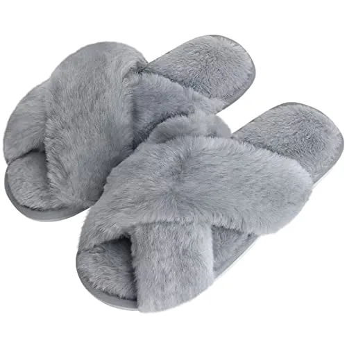 DOIOWN Women’s Fuzzy Slippers Cross Band Fluffy Slippers Faux Fur Slippers Plush House Open Toe Cozy Slippers for Women (Grey, Size 11-12)