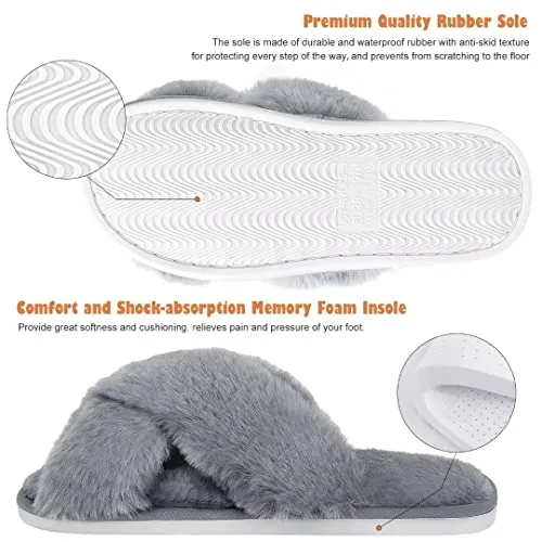 DOIOWN Women’s Fuzzy Slippers Cross Band Fluffy Slippers Faux Fur Slippers Plush House Open Toe Cozy Slippers for Women (Grey, Size 11-12)