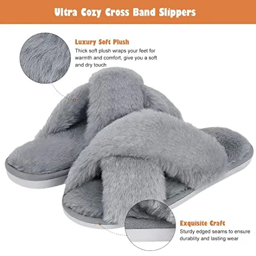 DOIOWN Women’s Fuzzy Slippers Cross Band Fluffy Slippers Faux Fur Slippers Plush House Open Toe Cozy Slippers for Women (Grey, Size 11-12)