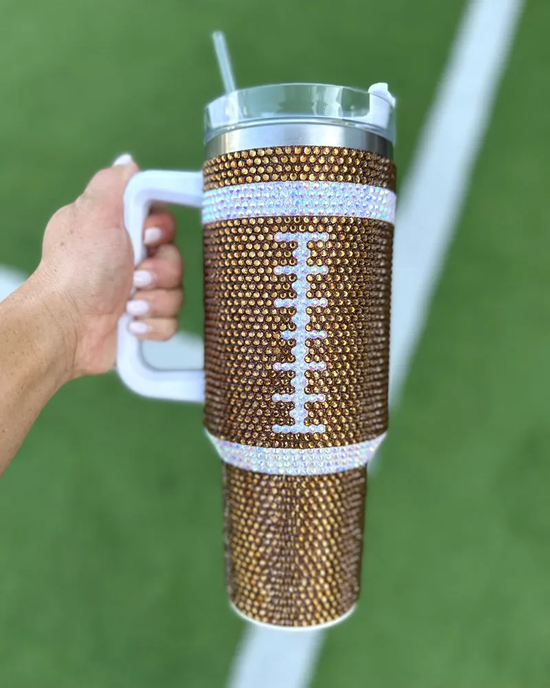 Football rhinestone tumblers pink or brown 40 oz Thermal stainless steel with straw and handle