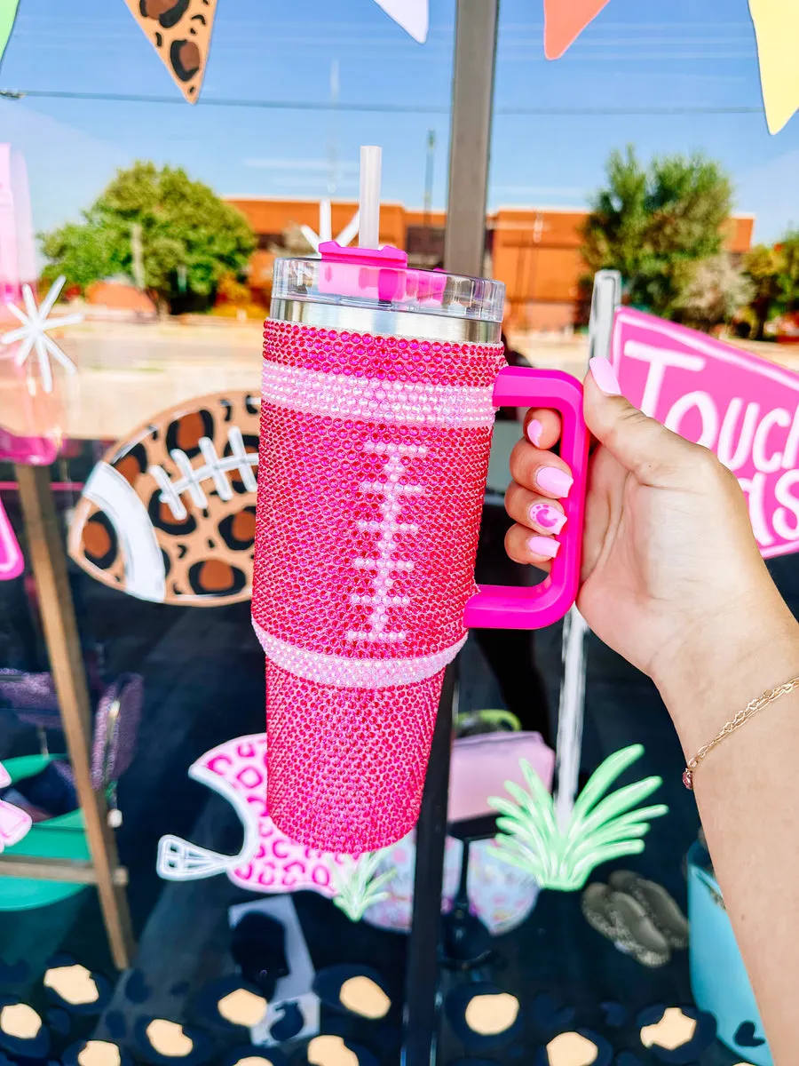 Football rhinestone tumblers pink or brown 40 oz Thermal stainless steel with straw and handle