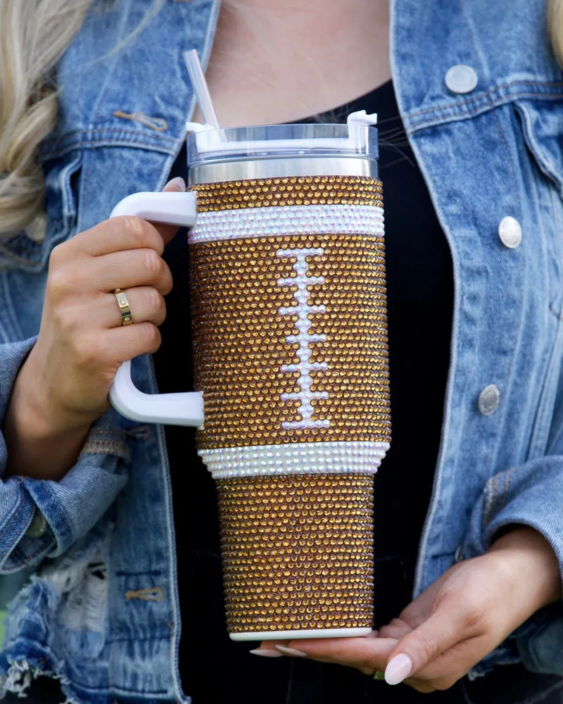 Football rhinestone tumblers pink or brown 40 oz Thermal stainless steel with straw and handle