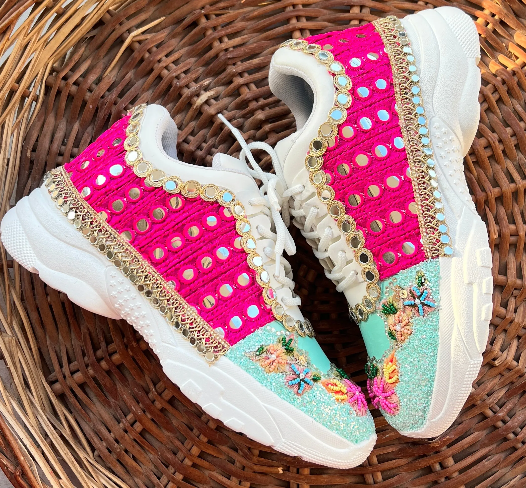 Funky N Trendy hand crafted powder blue theme bridal sneakers/ bridesmaid sneaker / powder blue sneakers/ pink floral theme sneakers / blue pink shoes / floral sneakers