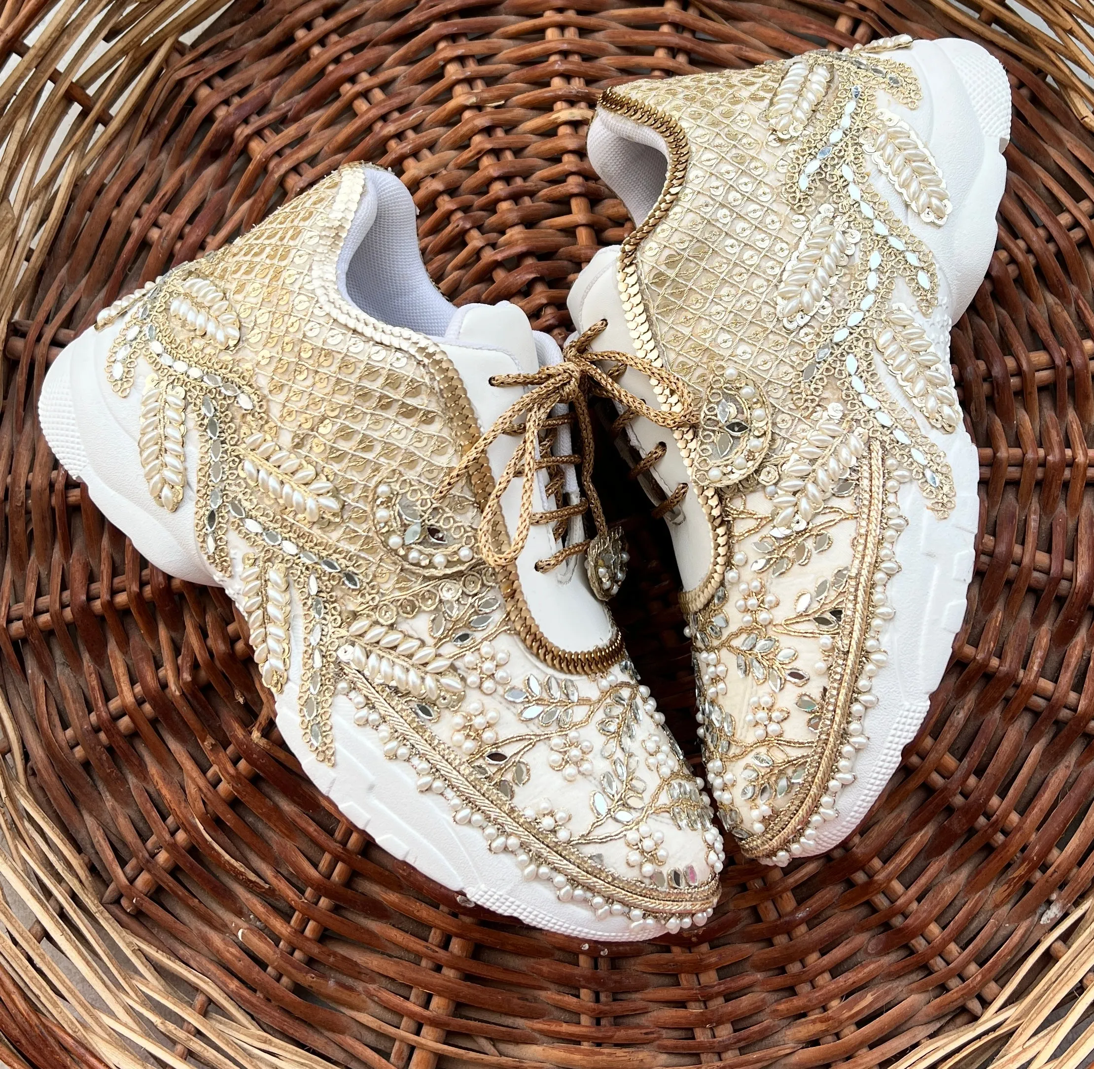 Funky N Trendy ivory /  embroidery work bridal sneakers/ bridesmaid sneaker / hancrafted sneakers / gold sneakers / golden sneakers/ mirror sneakers / pearl sneakers