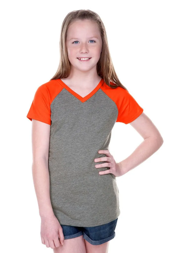 Girls 3-6X & Juniors Sheer Jersey Contrast V Neck Raglan Short Sleeve Tee-f