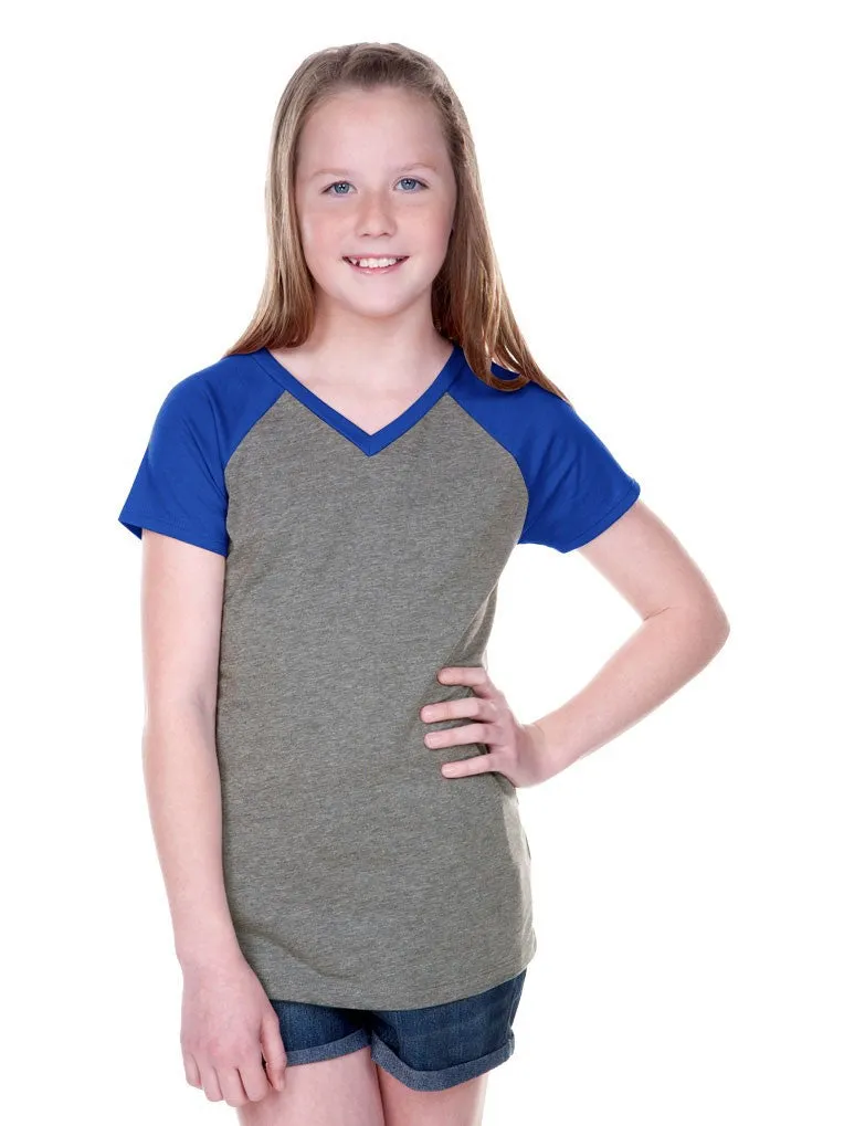 Girls 3-6X & Juniors Sheer Jersey Contrast V Neck Raglan Short Sleeve Tee-f