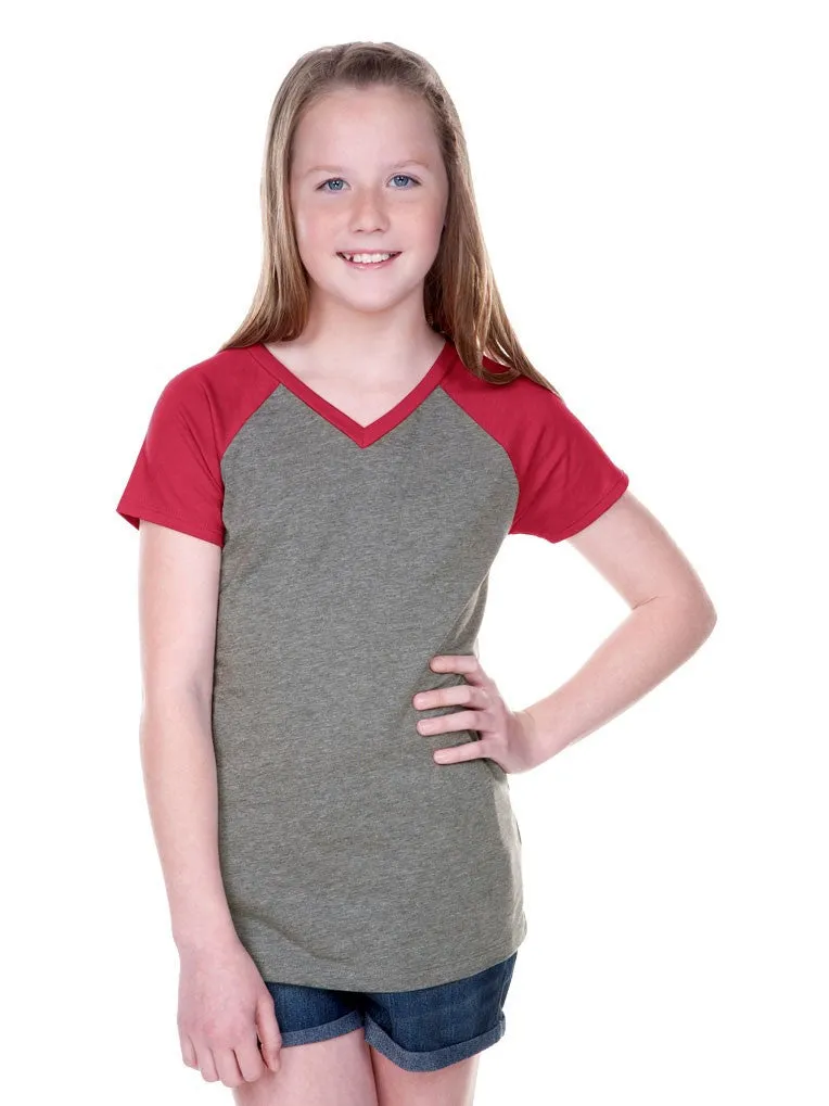 Girls 3-6X & Juniors Sheer Jersey Contrast V Neck Raglan Short Sleeve Tee-f