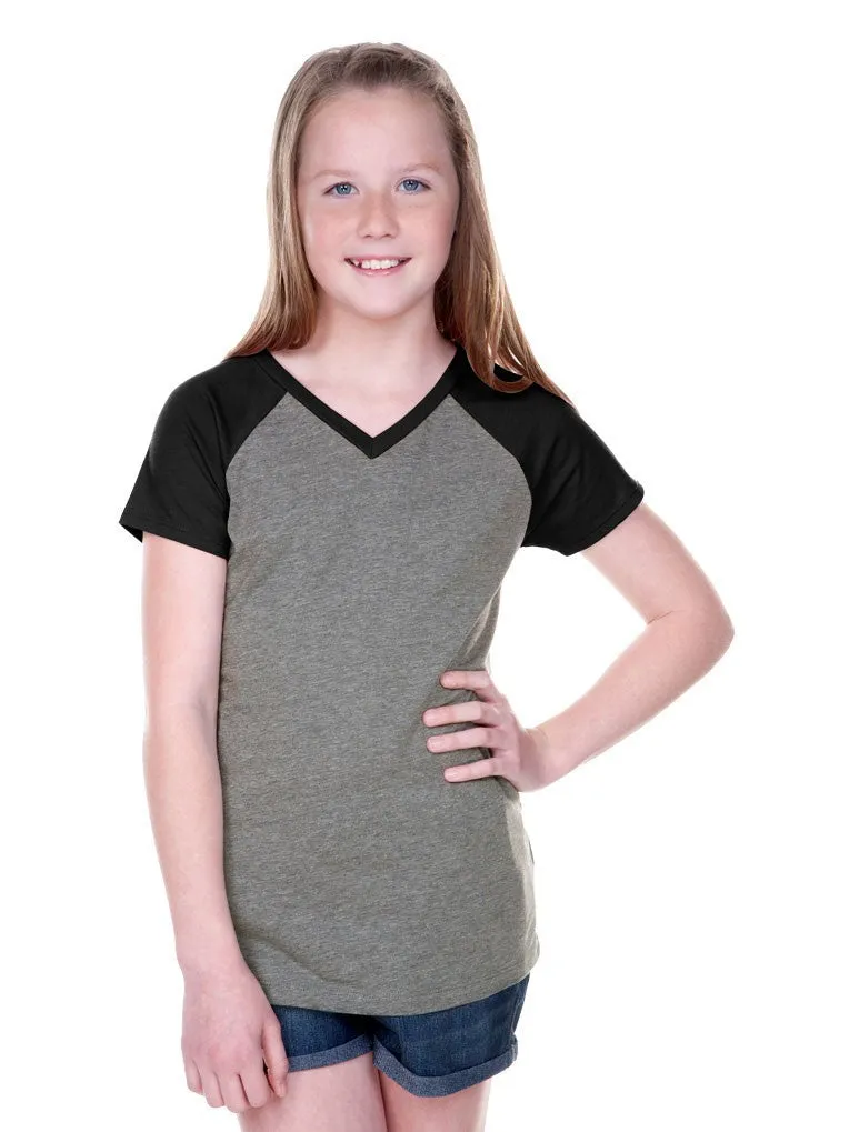 Girls 3-6X & Juniors Sheer Jersey Contrast V Neck Raglan Short Sleeve Tee-f
