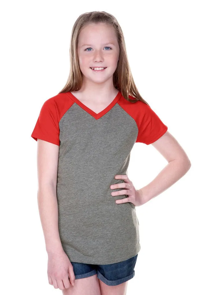 Girls 3-6X & Juniors Sheer Jersey Contrast V Neck Raglan Short Sleeve Tee-f