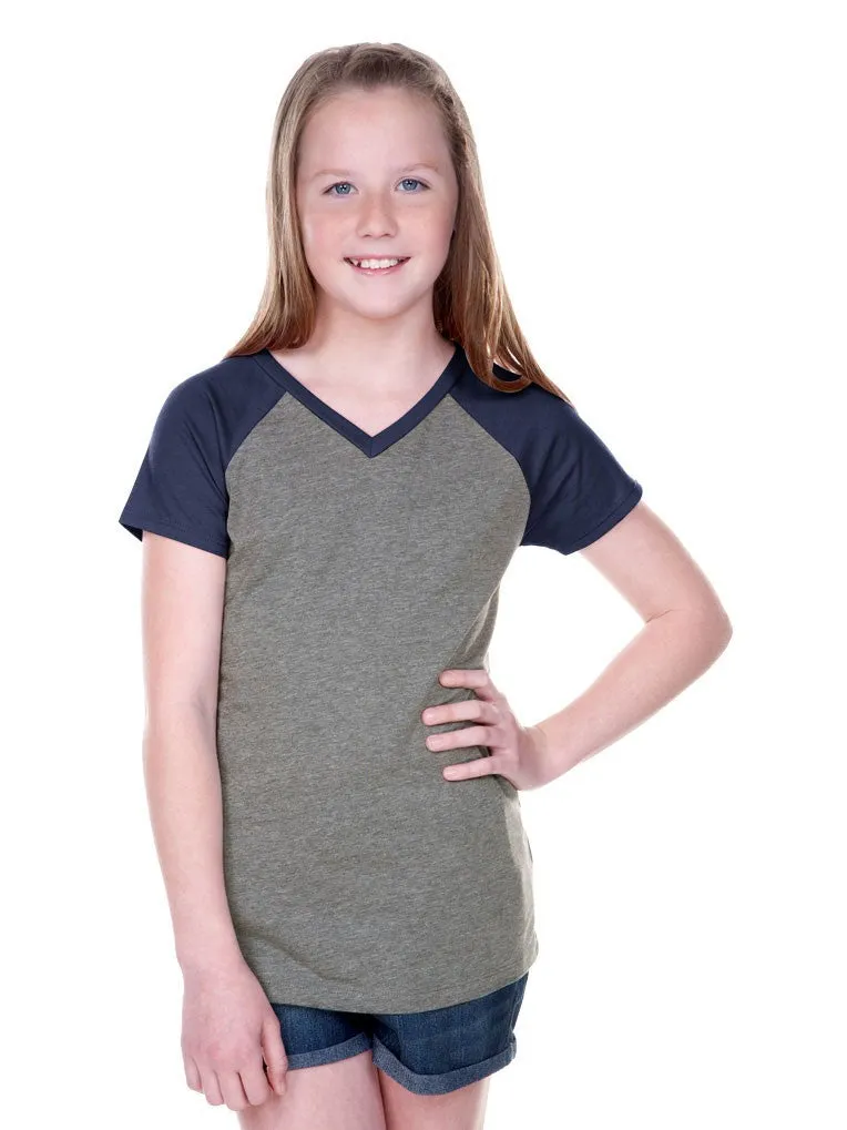 Girls 3-6X & Juniors Sheer Jersey Contrast V Neck Raglan Short Sleeve Tee-f