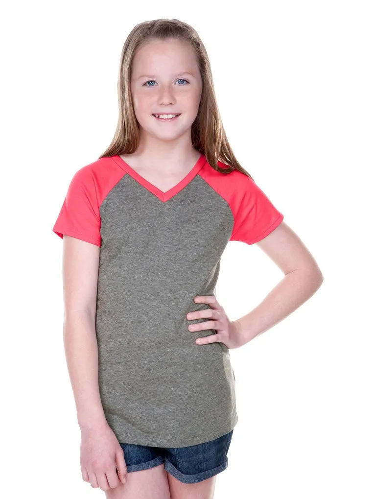 Girls 3-6X & Juniors Sheer Jersey Contrast V Neck Raglan Short Sleeve Tee-f