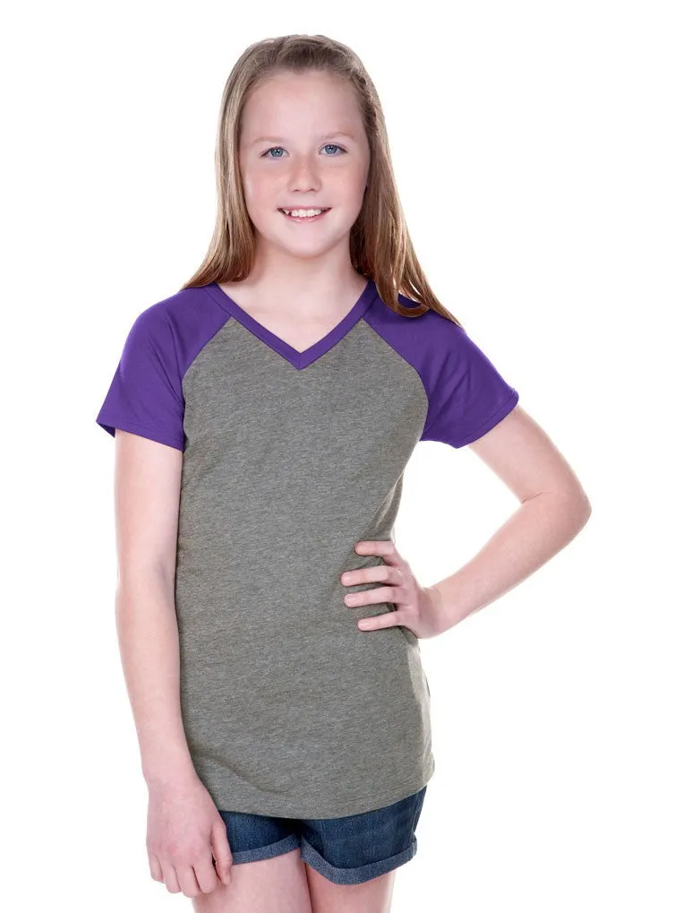 Girls 3-6X & Juniors Sheer Jersey Contrast V Neck Raglan Short Sleeve Tee-f