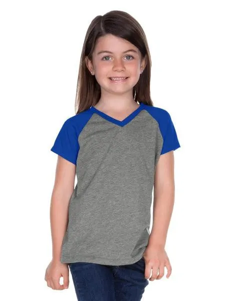 Girls 3-6X & Juniors Sheer Jersey Contrast V Neck Raglan Short Sleeve Tee-f