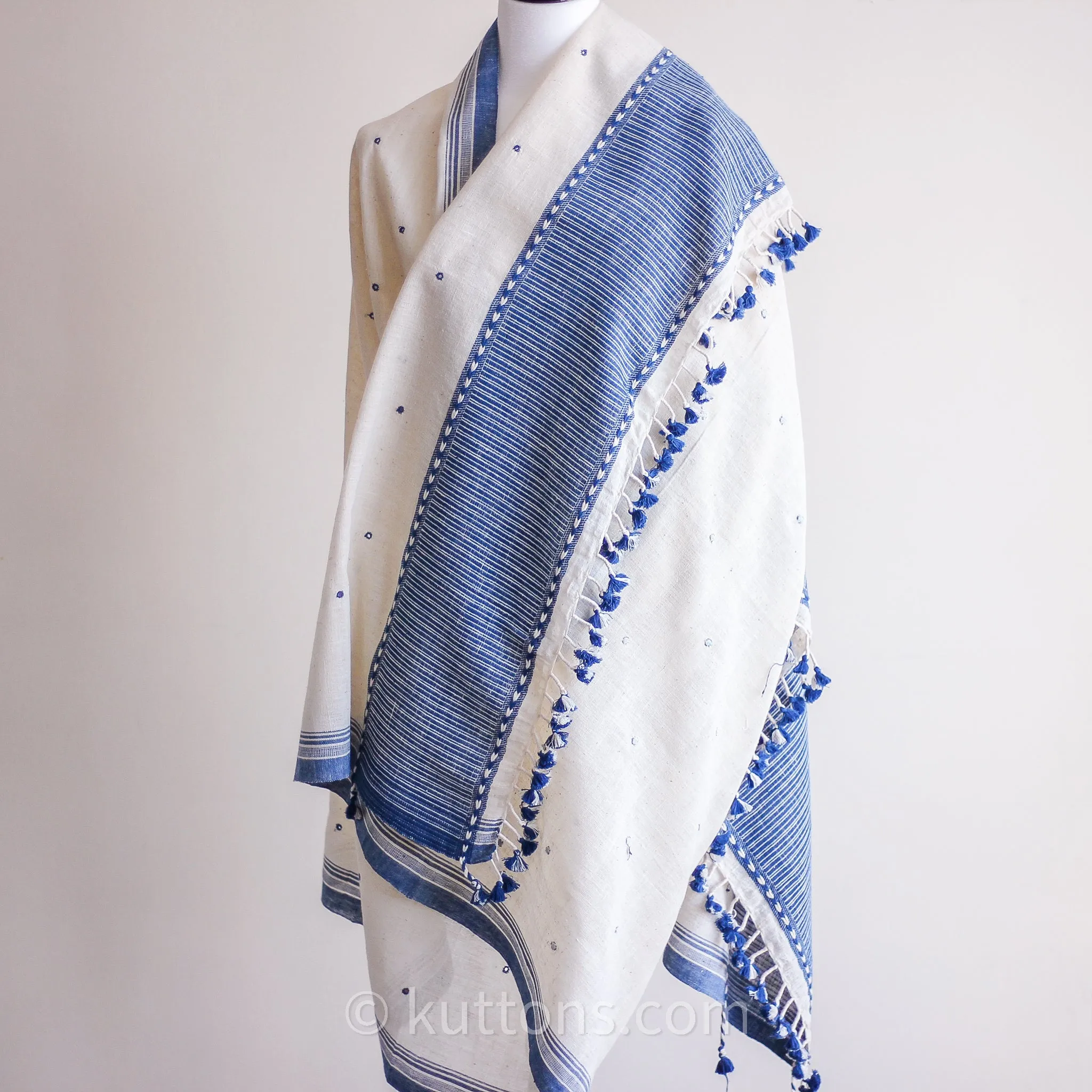 Handspun & Handwoven Organic Cotton Shawl with Embroidered Mirrors - 100% Organic Kala Cotton Wrap | Cream-Blue, 40x96"
