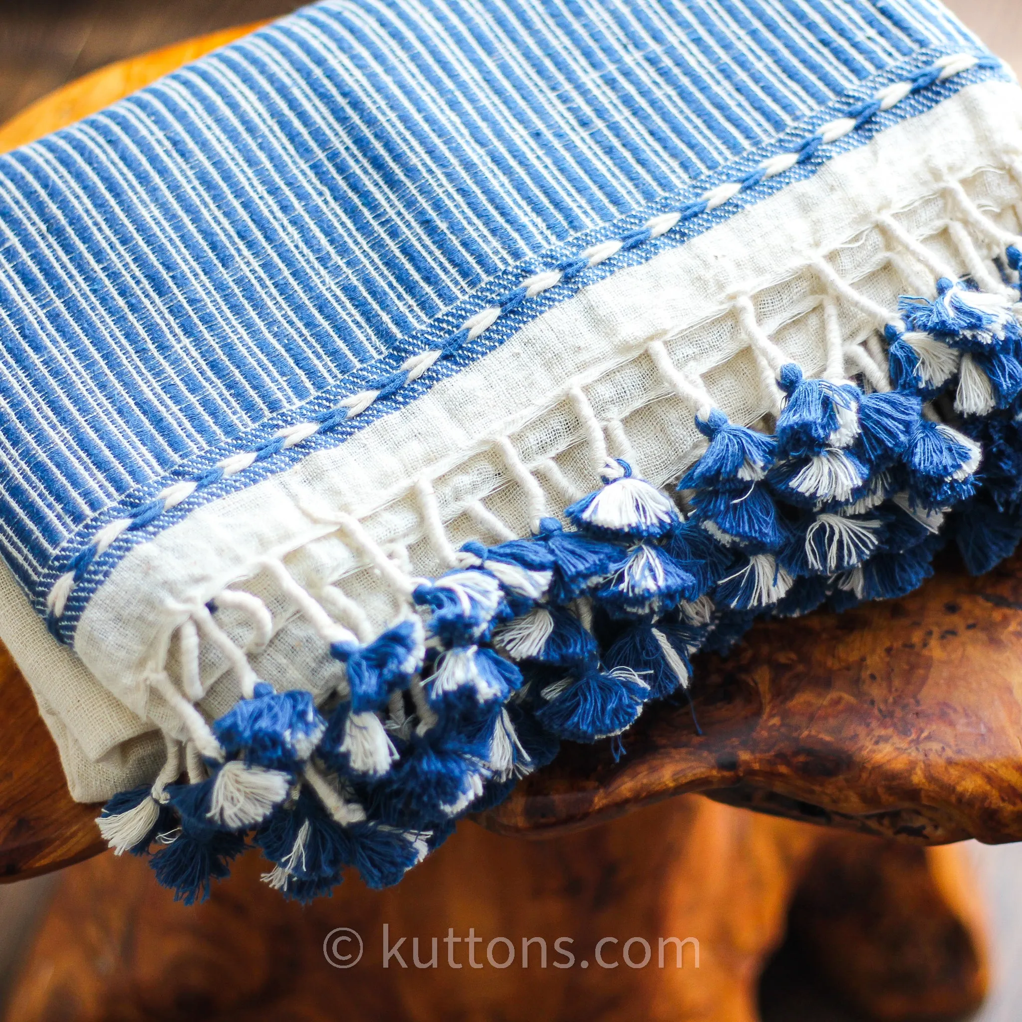 Handspun & Handwoven Organic Cotton Shawl with Embroidered Mirrors - 100% Organic Kala Cotton Wrap | Cream-Blue, 40x96"