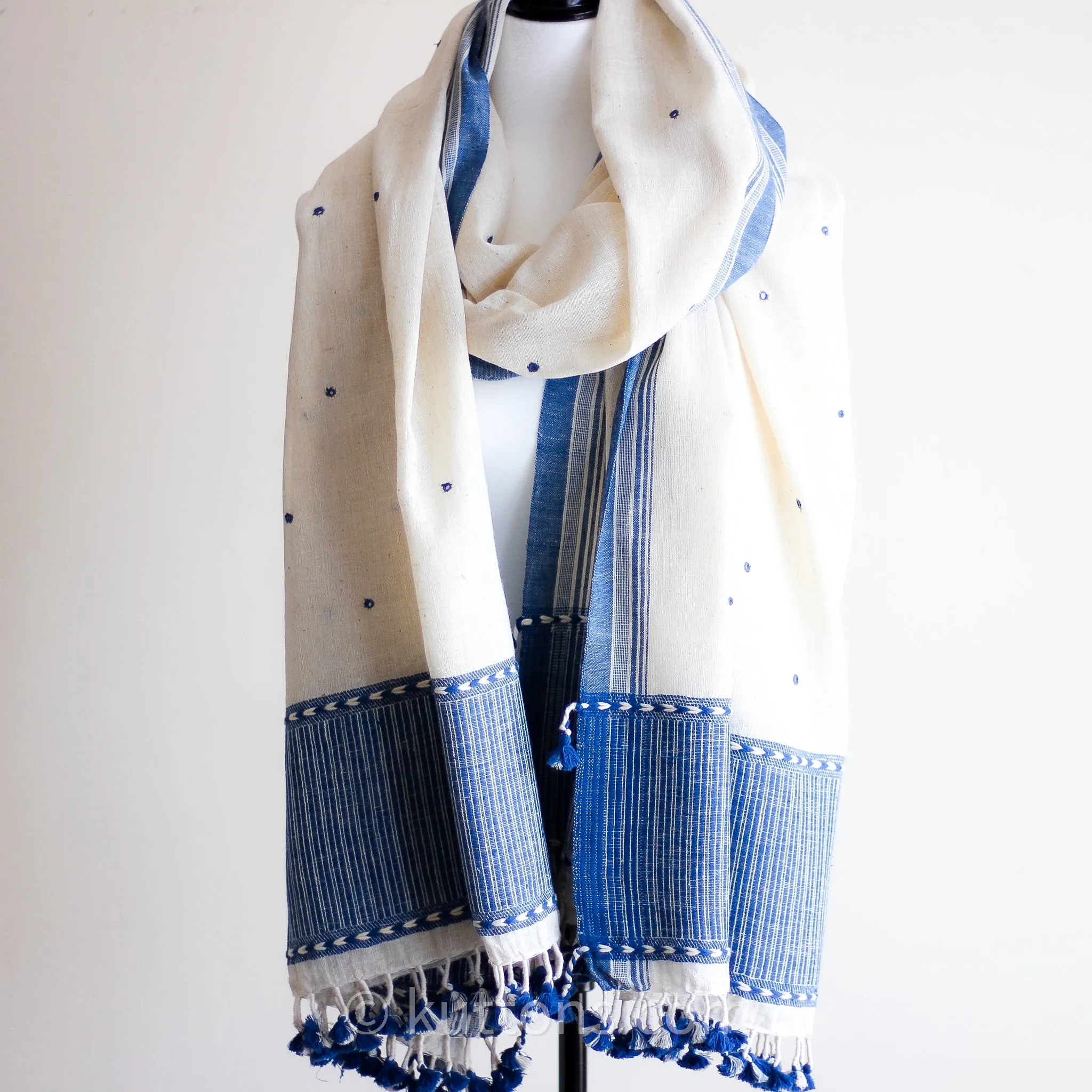 Handspun & Handwoven Organic Cotton Shawl with Embroidered Mirrors - 100% Organic Kala Cotton Wrap | Cream-Blue, 40x96"