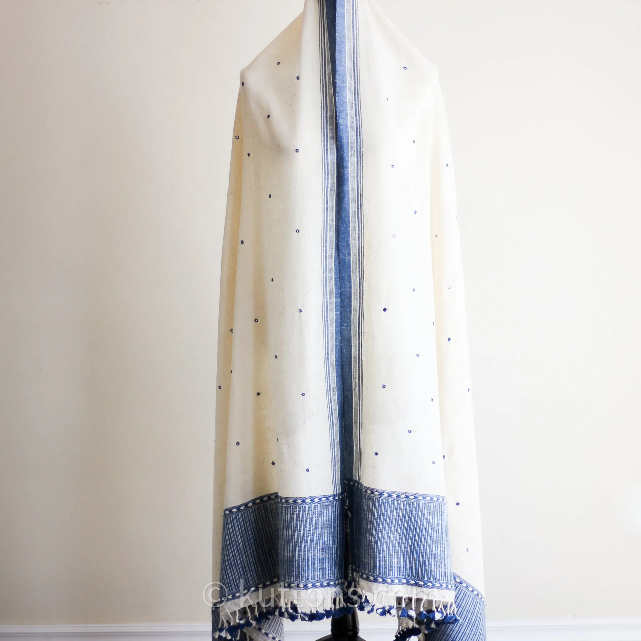Handspun & Handwoven Organic Cotton Shawl with Embroidered Mirrors - 100% Organic Kala Cotton Wrap | Cream-Blue, 40x96"