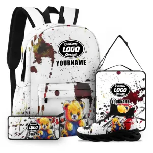 Holiday Gifts,Personalized Teddy Bear Combo Offer, Custom Lovely Bear Set 4 packs of Shoes, Schoolbag, Lunch Box and Pencil Case