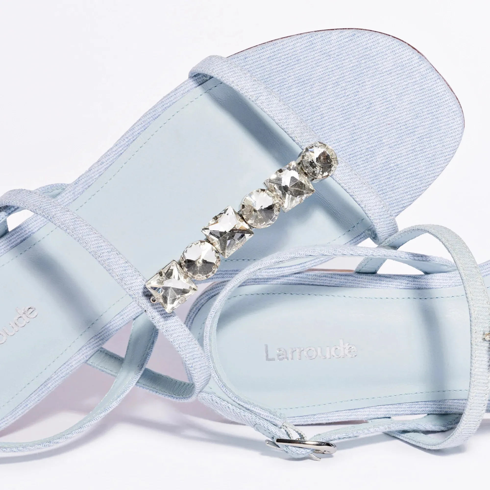 Larroude Calypso Flat Sandal In Maya Denim and Crystals