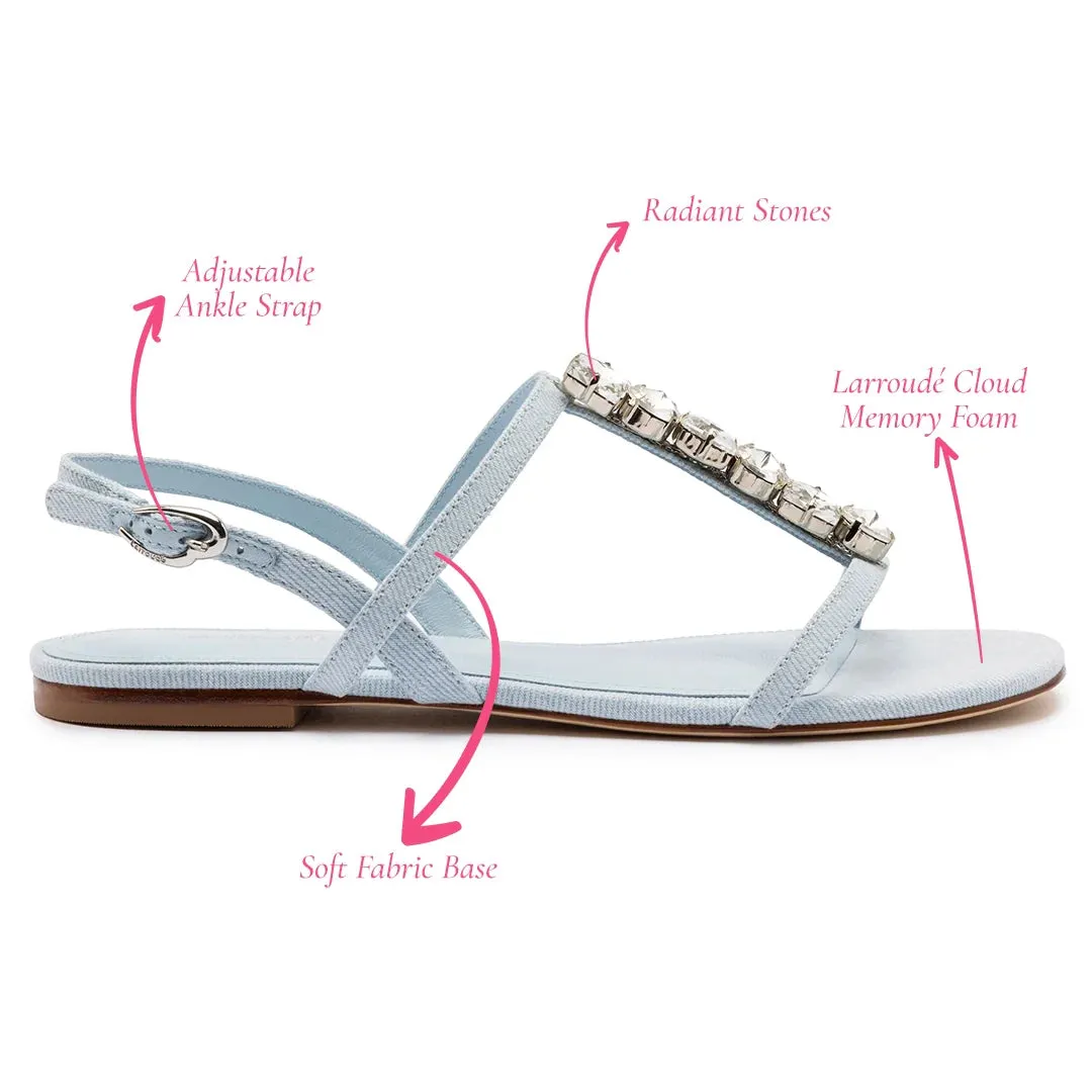 Larroude Calypso Flat Sandal In Maya Denim and Crystals