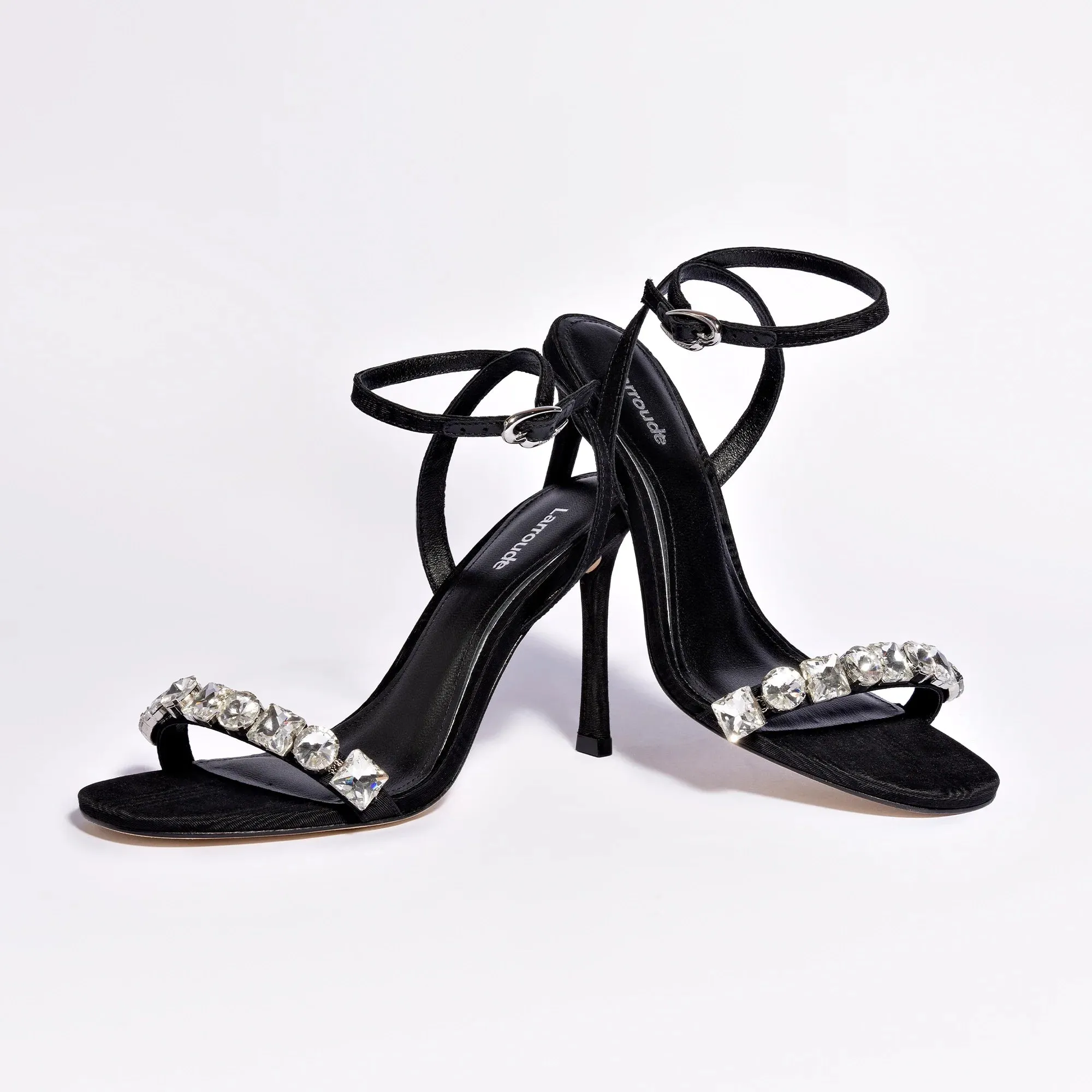 Larroude Calypso Sandal In Black Fabric and Crystals