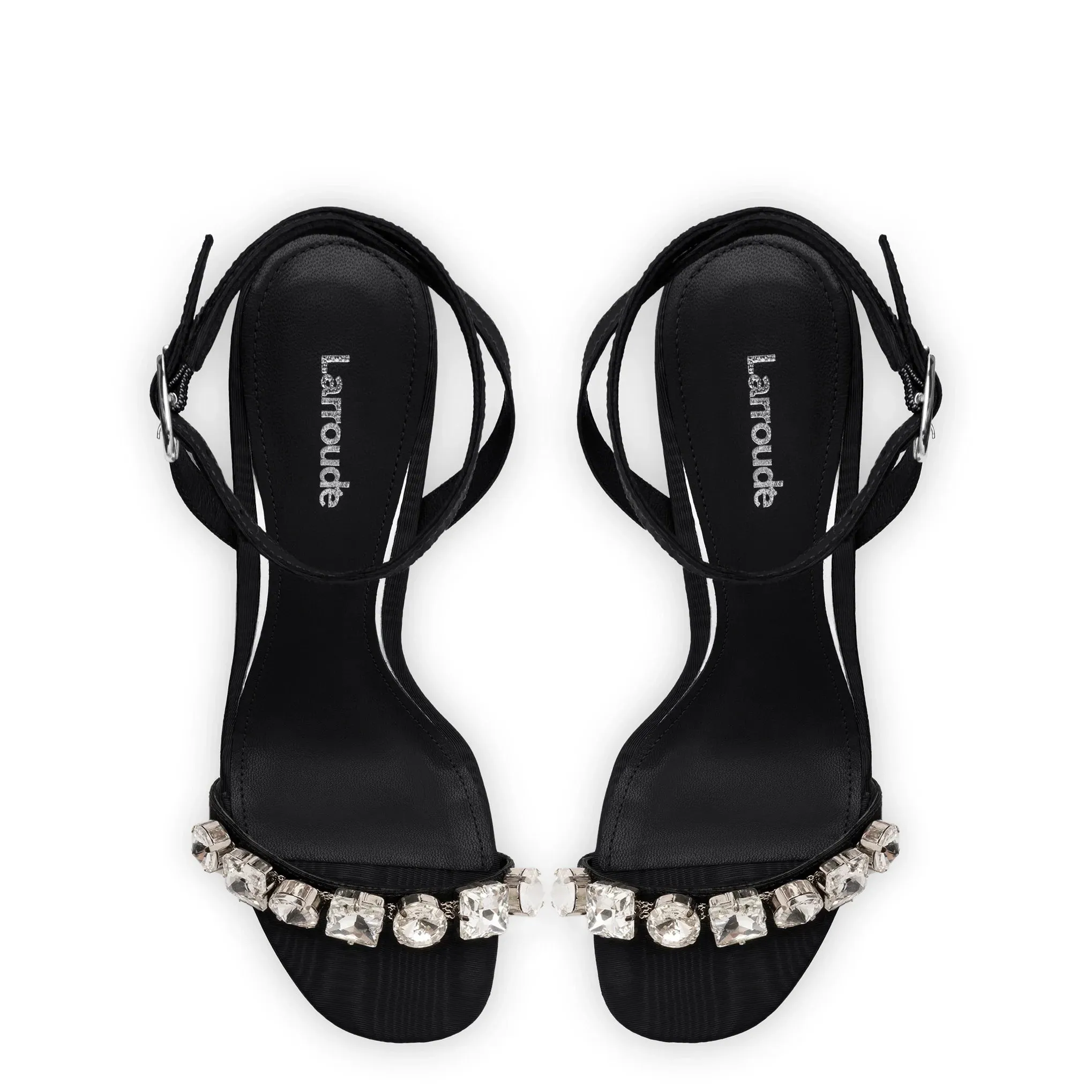 Larroude Calypso Sandal In Black Fabric and Crystals