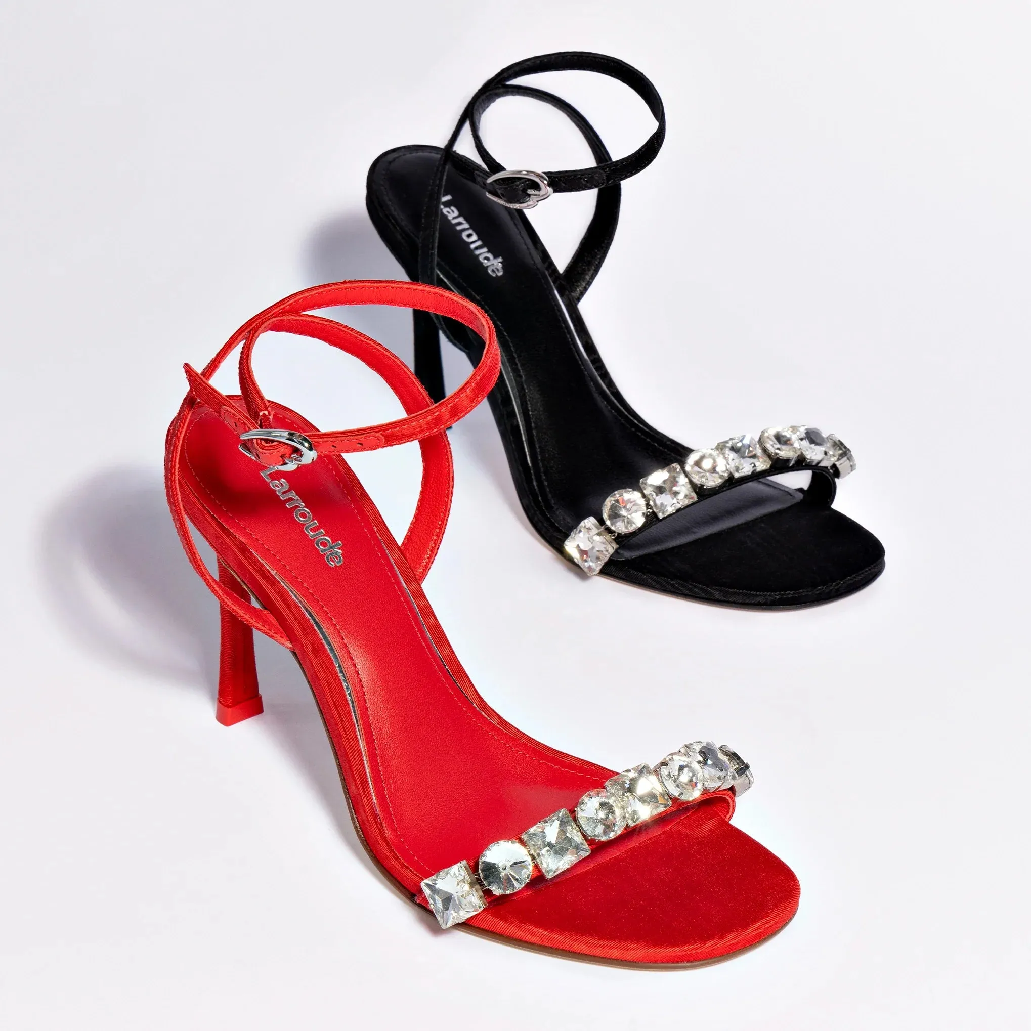 Larroude Calypso Sandal In Black Fabric and Crystals