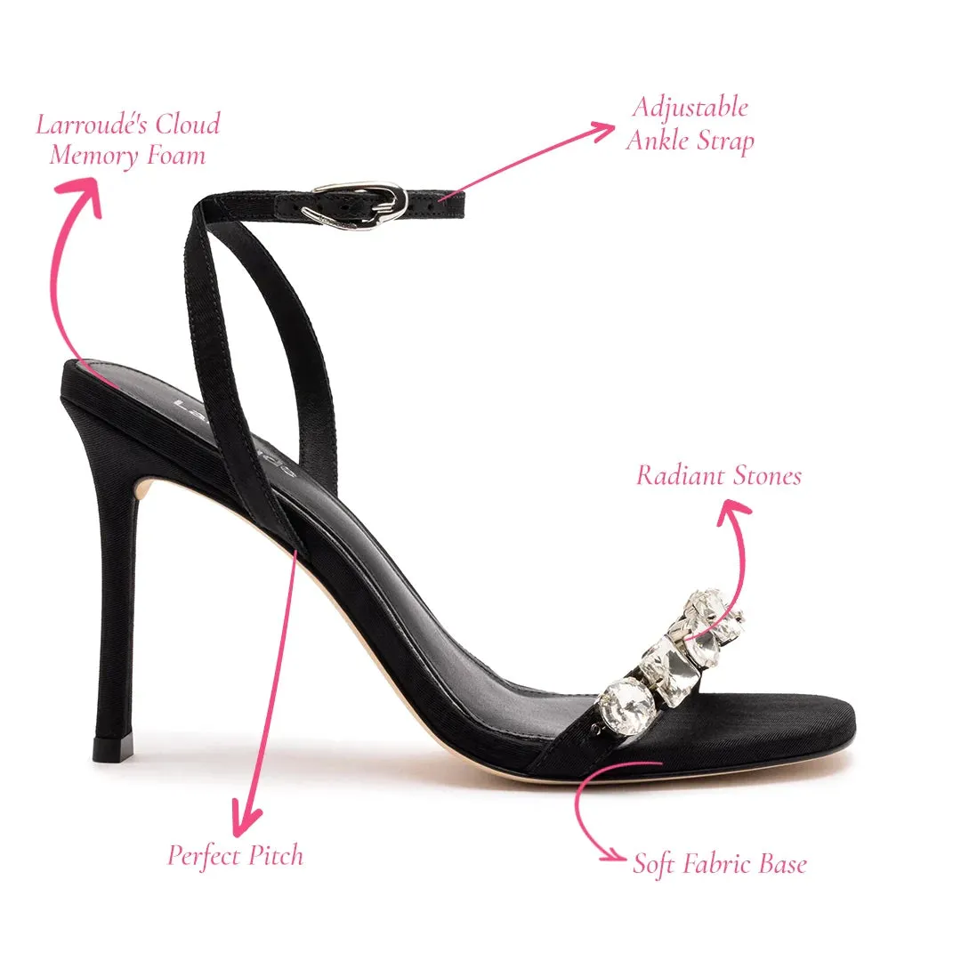 Larroude Calypso Sandal In Black Fabric and Crystals