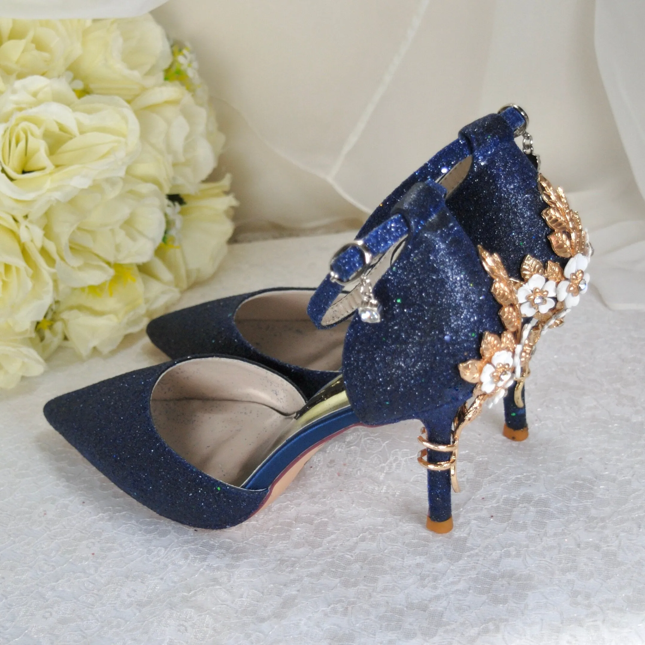 Navy Blue Sandals with 'Cherry Blossom' - Size UK7/US9.5