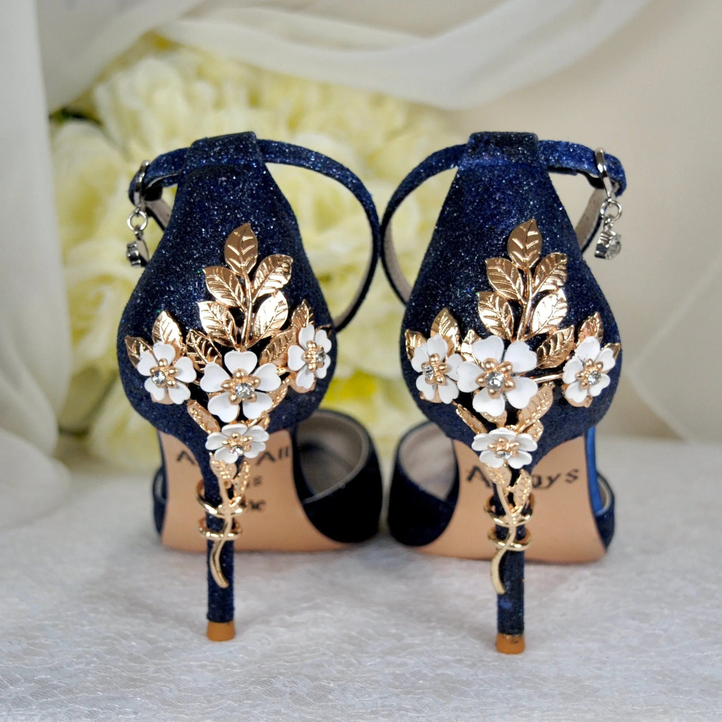 Navy Blue Sandals with 'Cherry Blossom' - Size UK7/US9.5