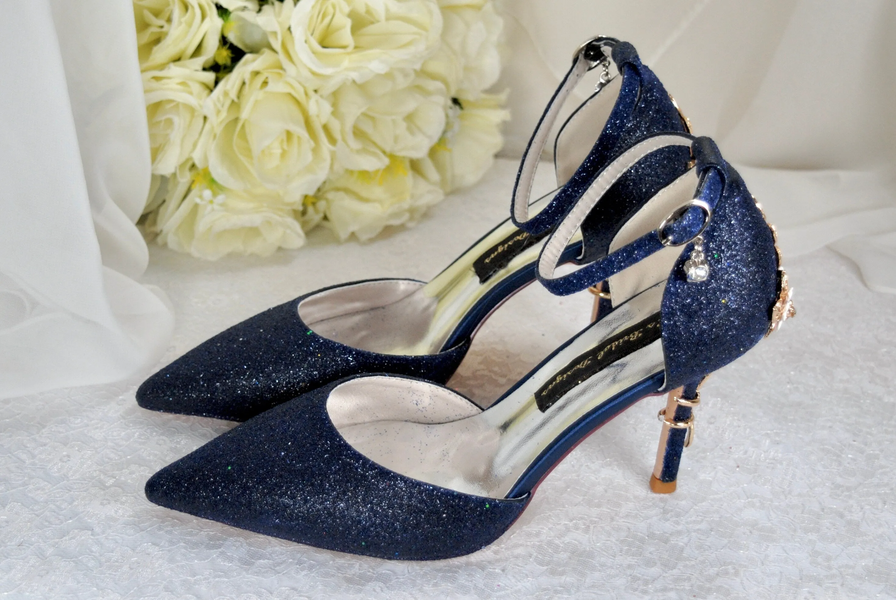 Navy Blue Sandals with 'Cherry Blossom' - Size UK7/US9.5