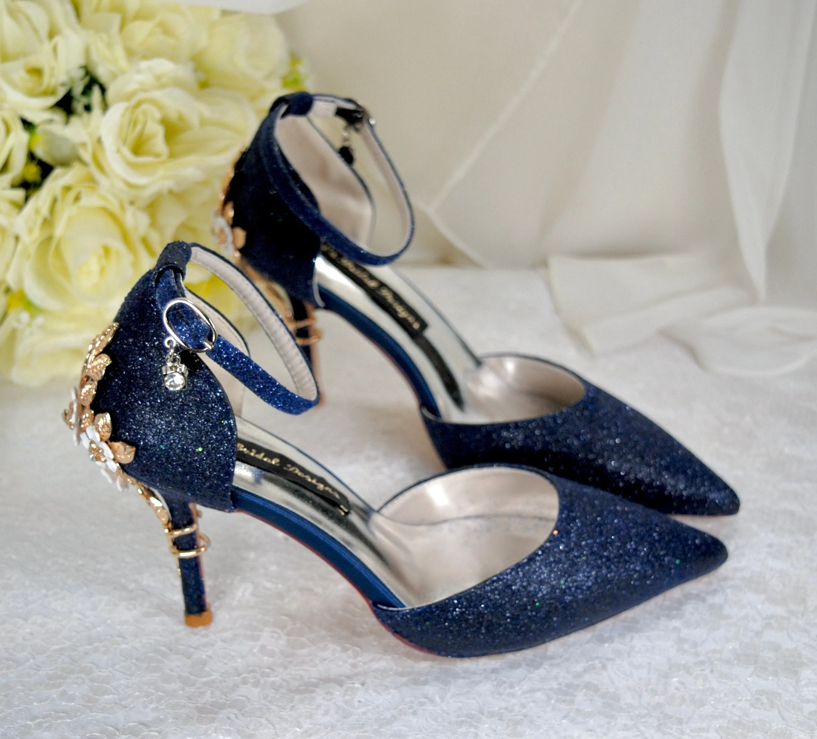 Navy Blue Sandals with 'Cherry Blossom' - Size UK7/US9.5