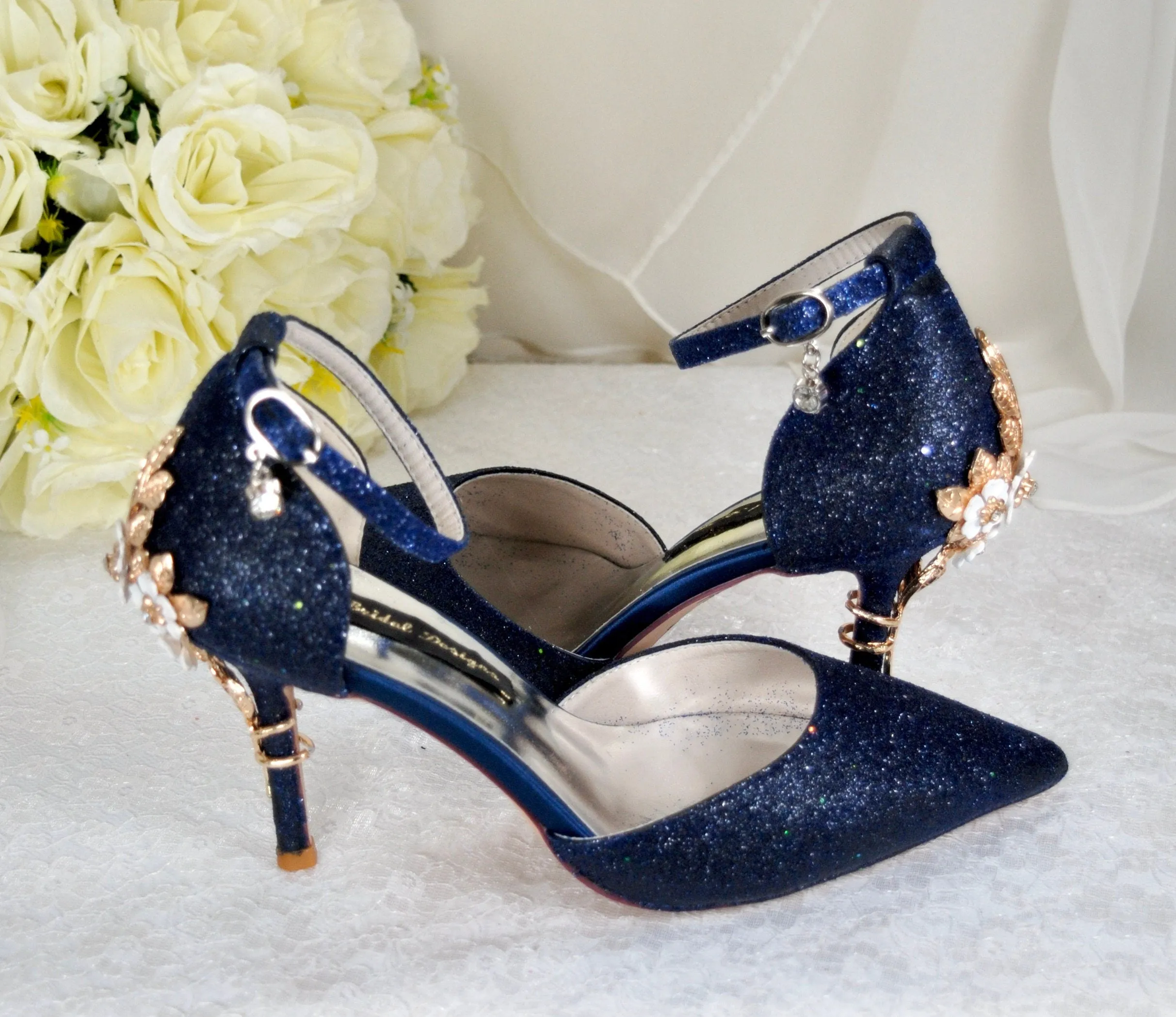 Navy Blue Sandals with 'Cherry Blossom' - Size UK7/US9.5