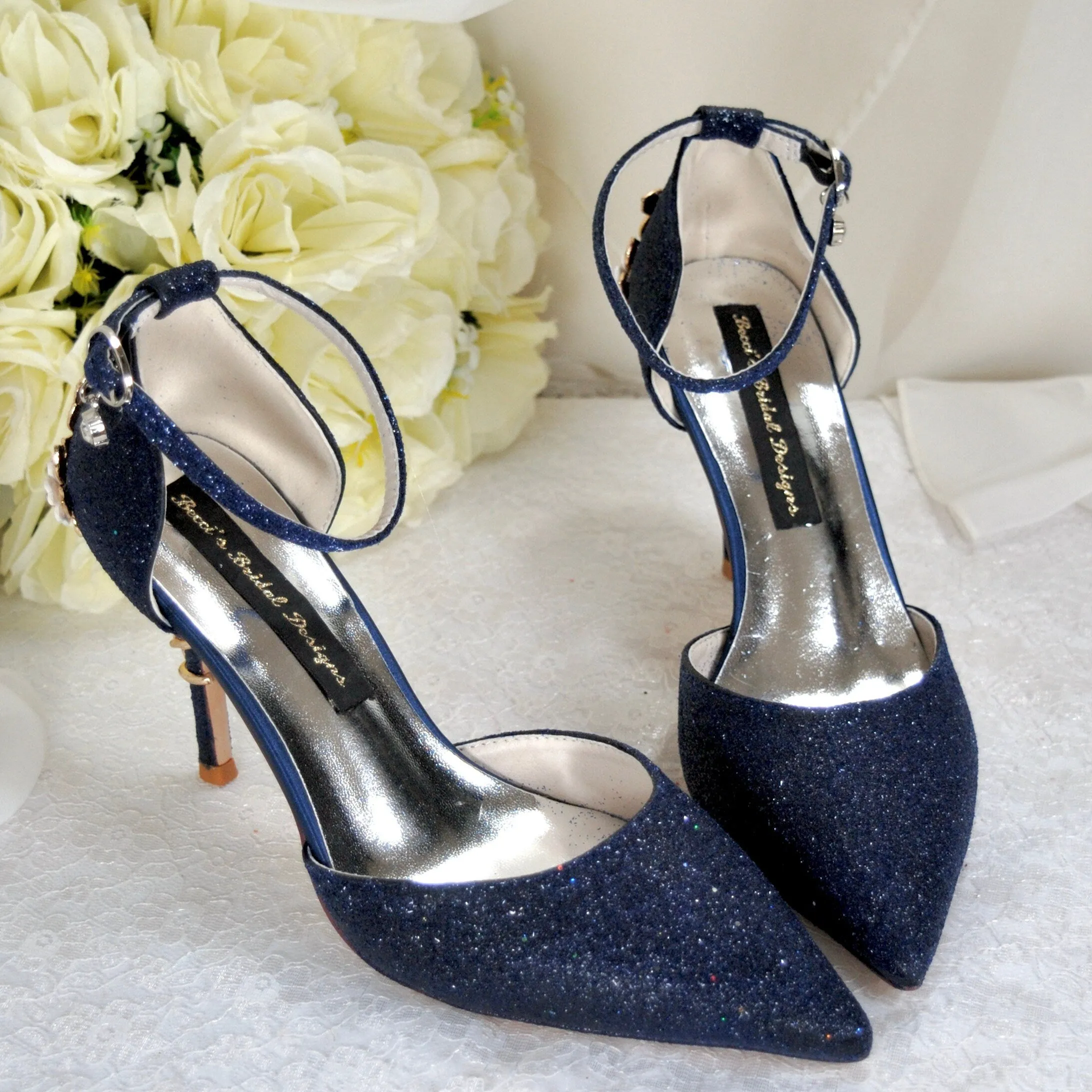 Navy Blue Sandals with 'Cherry Blossom' - Size UK7/US9.5