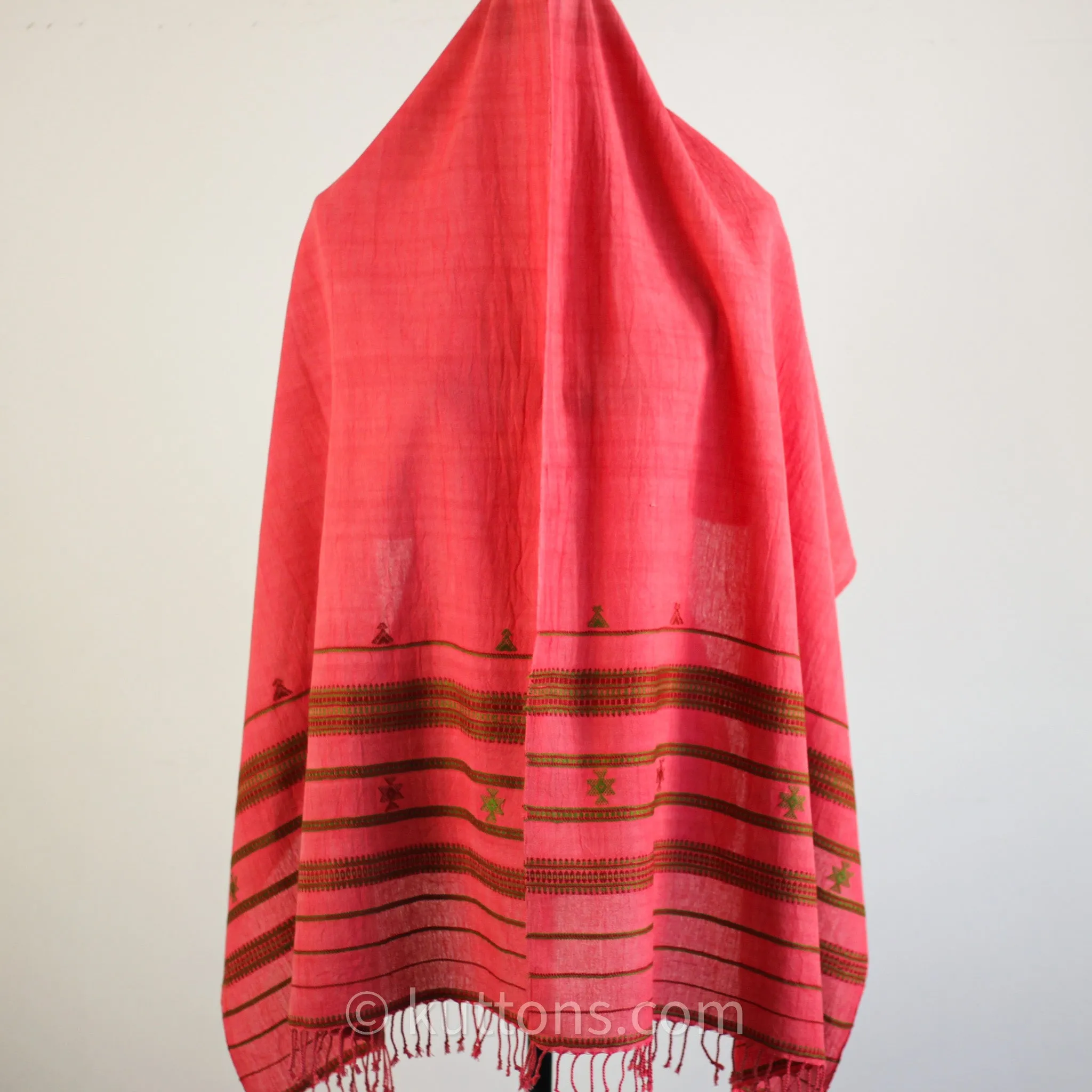Organic Kala Cotton Scarf - Handwoven Stole with Tassels | Red, 22x72"