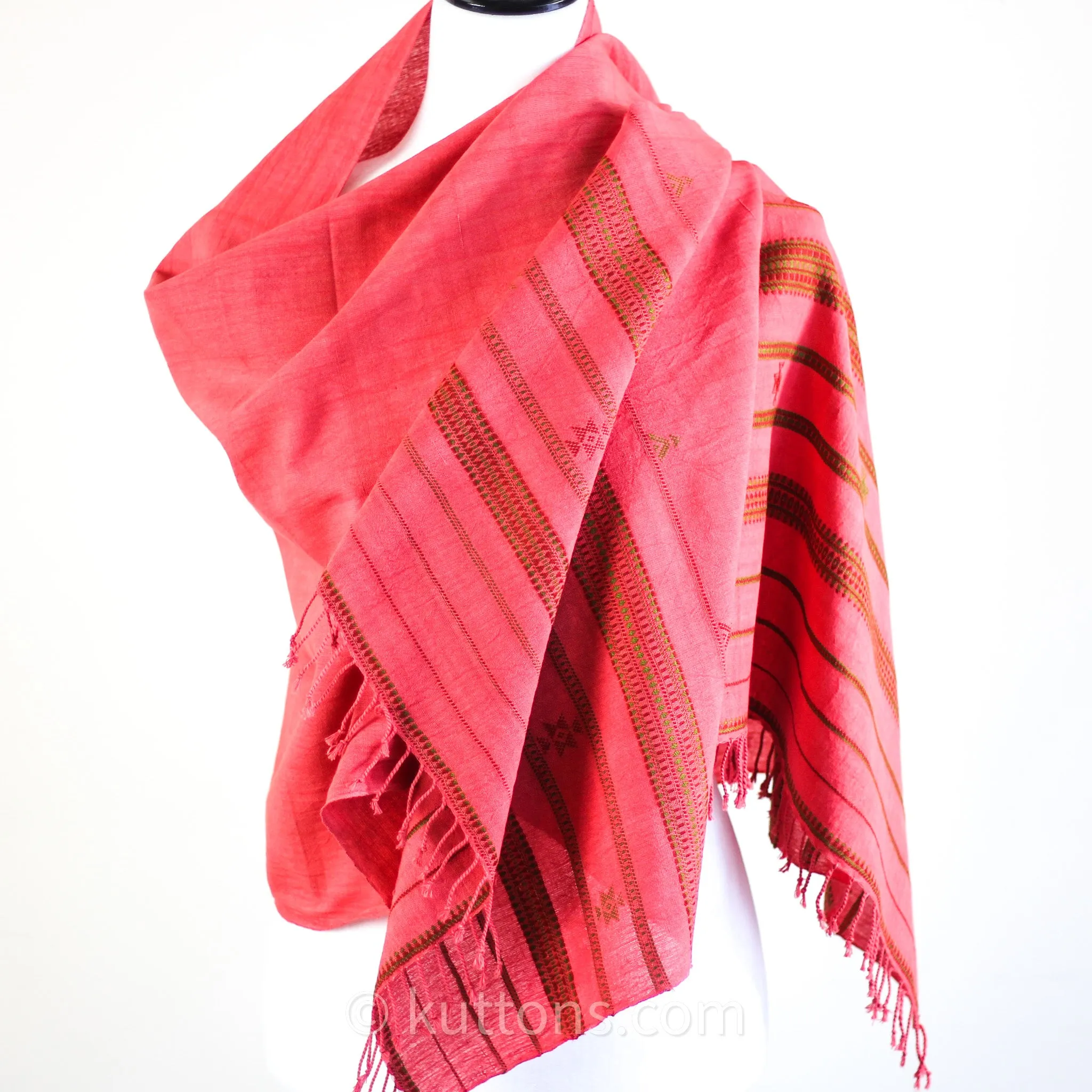 Organic Kala Cotton Scarf - Handwoven Stole with Tassels | Red, 22x72"