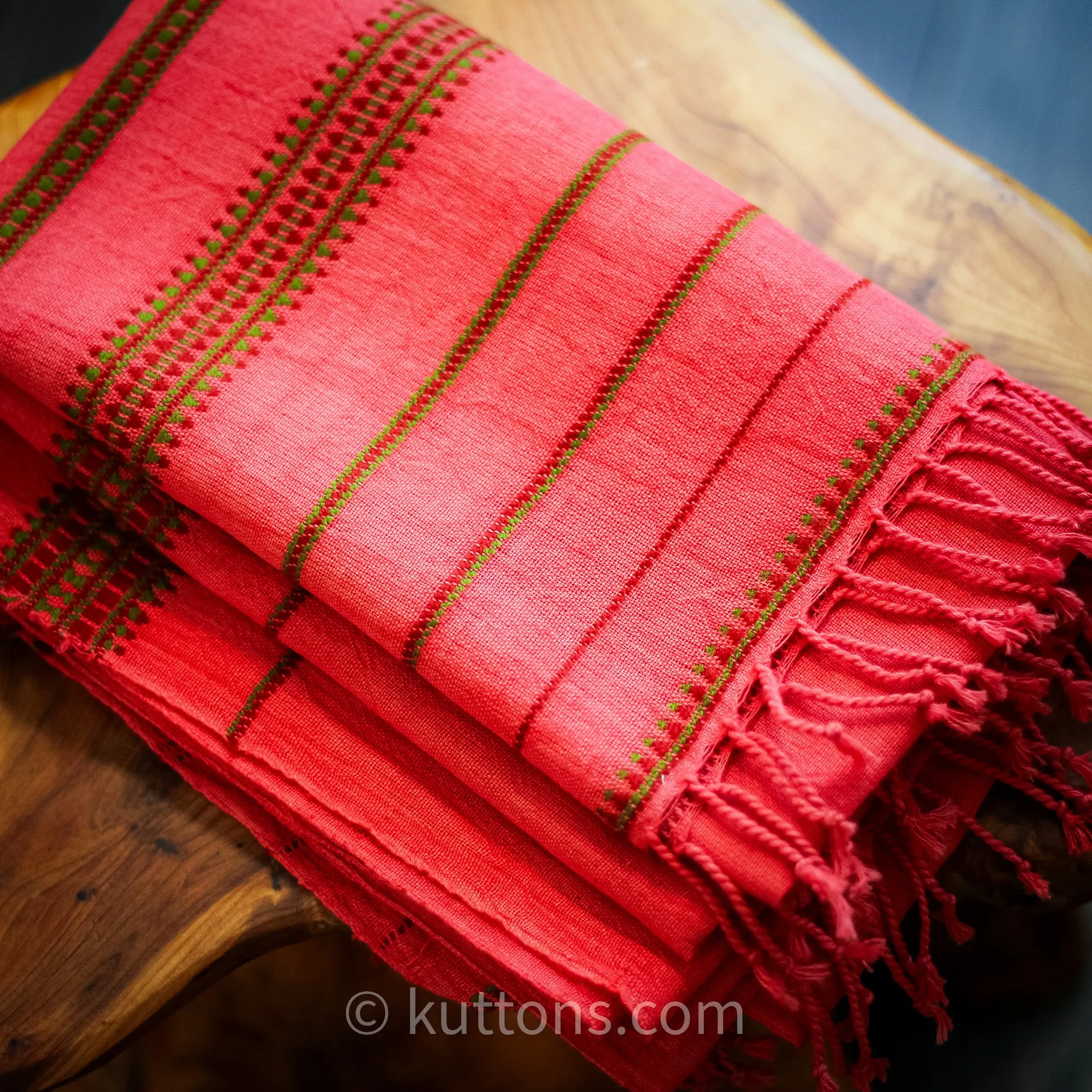 Organic Kala Cotton Scarf - Handwoven Stole with Tassels | Red, 22x72"