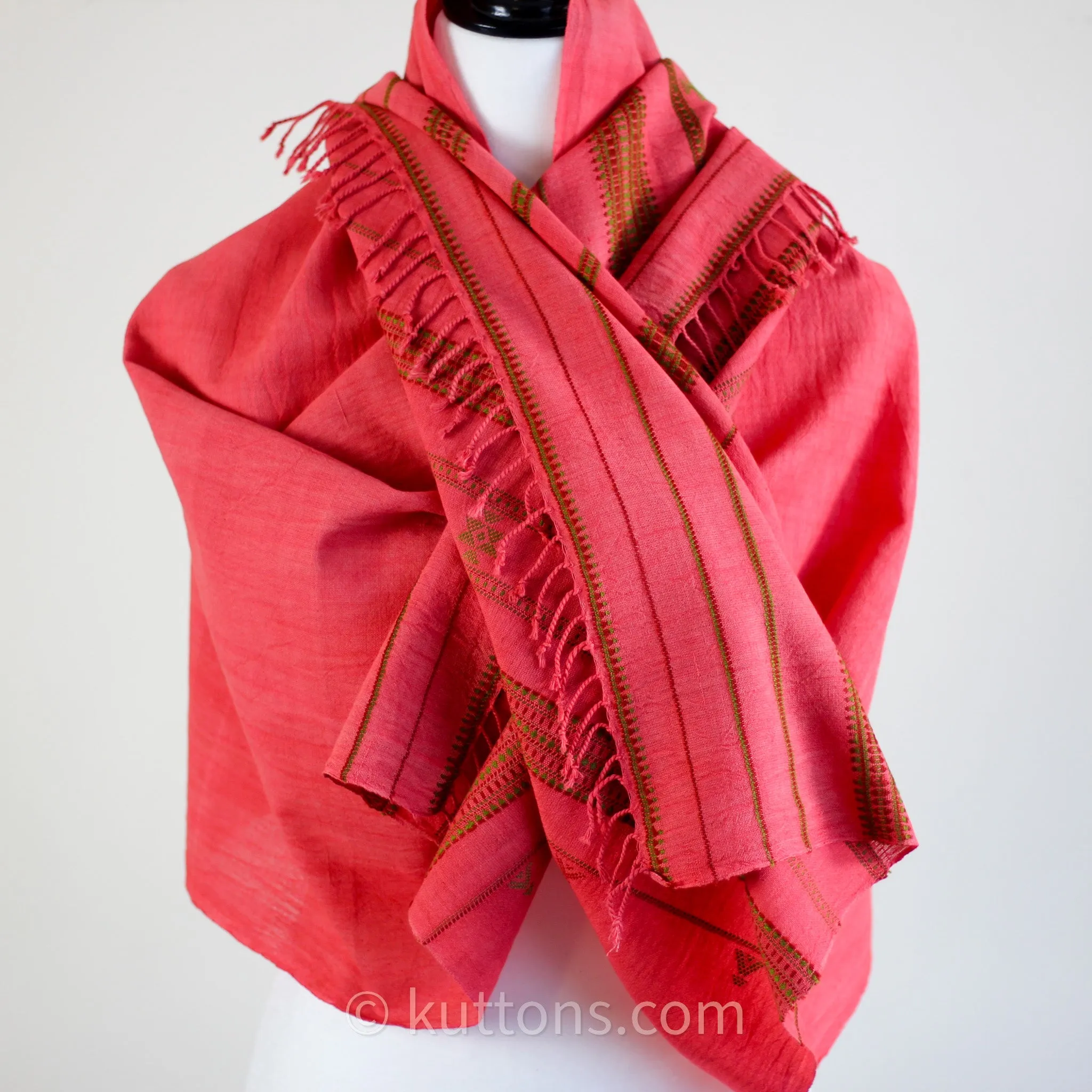 Organic Kala Cotton Scarf - Handwoven Stole with Tassels | Red, 22x72"