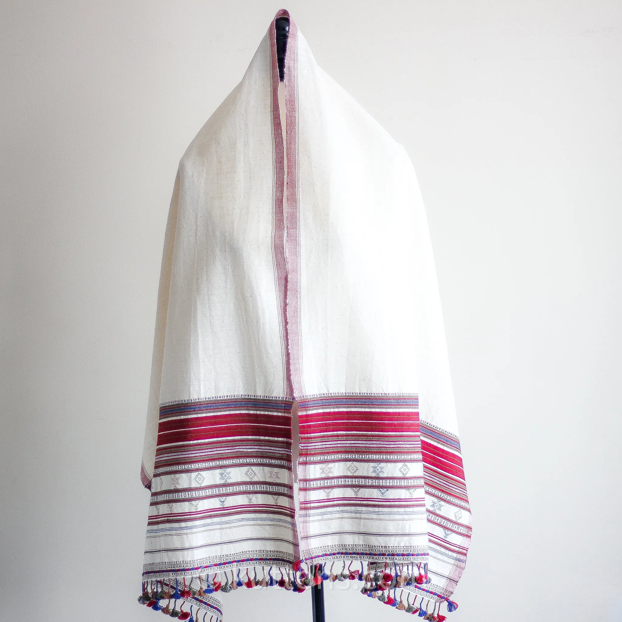 Organic Kala Cotton Stole with Tassels - Handspun & Handwoven Wrap | Cream-Red, 23x72"