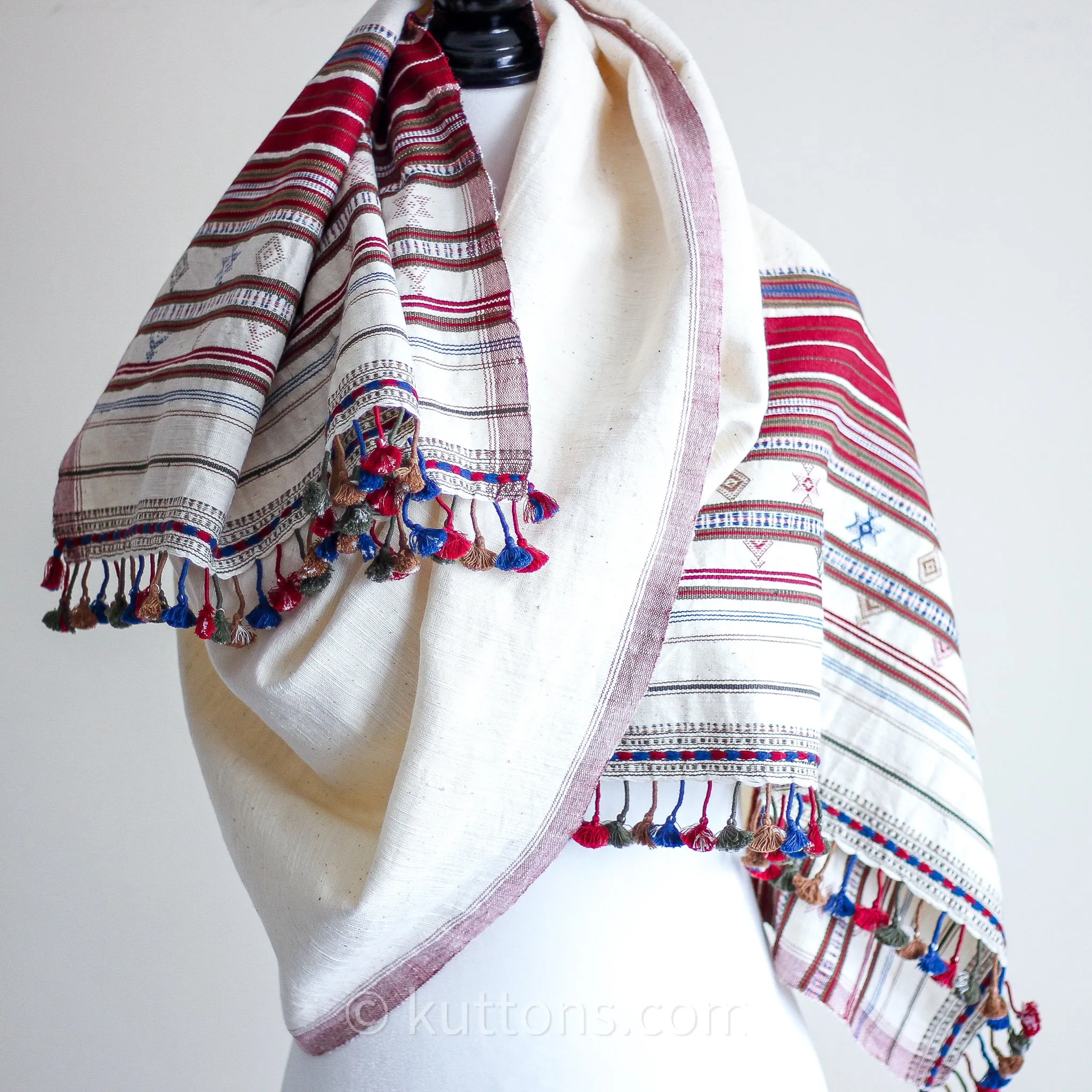 Organic Kala Cotton Stole with Tassels - Handspun & Handwoven Wrap | Cream-Red, 23x72"